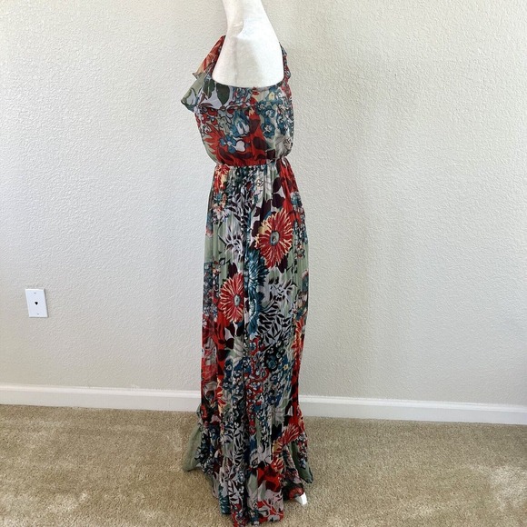 American Rag Cie Sz Small Maxi Dress One Sleeve Red Blue Floral Paisley Layered - Picture 9 of 14